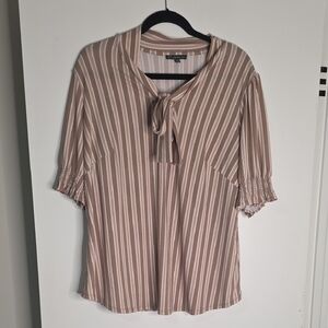 Adrianna Papell Beige and White Striped Tie-Neck Blouse